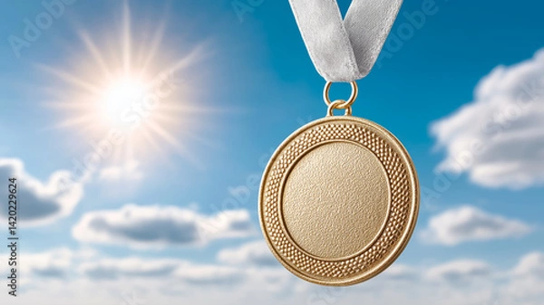 Fototapeta Gold medal on a ribbon hovers against a blue sky with clouds. A symbol of victory, triumph, success and first place in a competition.