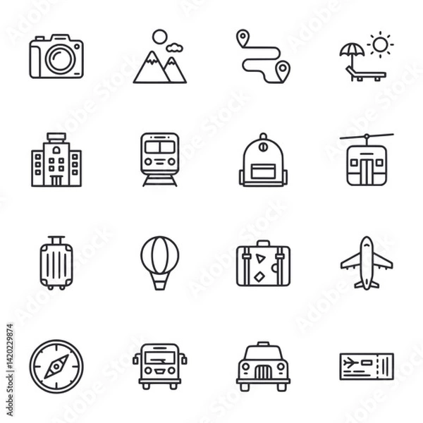 Fototapeta A set of icons for travel and transportation, including a camera, train