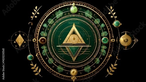 Obraz Ornate Emerald Eye Mystic Symbol Gold Design Esoteric Occult Sacred Geometry Pattern Background.