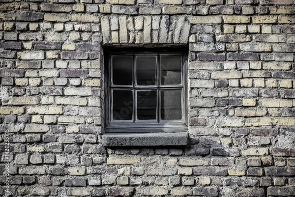 Fototapeta Close-up of rustic brick wall featuring small square window. Aged bricks create vintage appearance, adding texture and depth. Shadows enhance moody atmosphere. Neural network AI generated