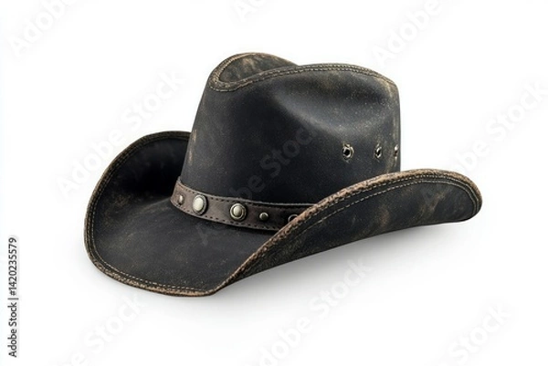 Fototapeta Elegant black cowboy hat with wide brim isolated on white. Smooth texture and classic design emphasize timeless style. Simple, striking contrast. Neural network AI generated