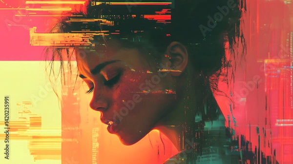 Fototapeta Cyber Serenity: A portrait of a woman immersed in a digital world, blending serenity with the abstract, showcasing a captivating interplay of data and emotion.