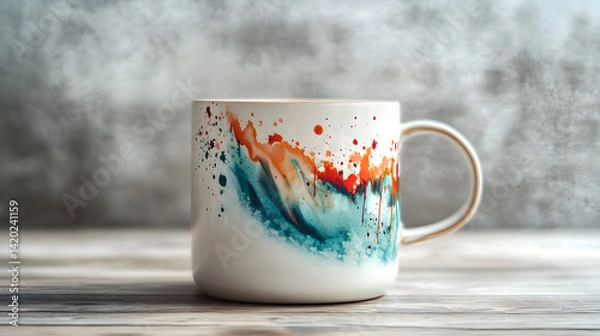 Fototapeta Artistic Mug: A beautifully designed ceramic mug with abstract watercolor splashes of colors sits gracefully on a wooden table. The design evokes a sense of calm, adding aesthetic value to the scene.