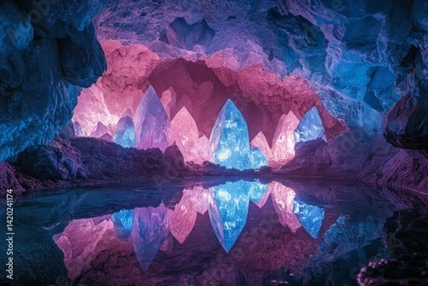 Fototapeta Multicolored crystals emit mesmerizing glow within dark cave. Soft light reflects on calm water surface, enhancing mystical atmosphere. Neural network AI generated