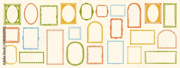 Fototapeta Doodle wave frame set, hand drawn border color collection, cute minimal hand drawn square blank kit. Elegant retro ornament empty banner, rectangle postal stamp oval arch. Celebration doodle frame