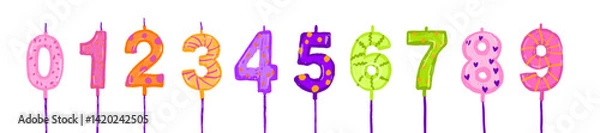 Obraz Candle number birthday cake digit set vector hand drawn celebration wax postcard decoration age sign. Kids party holiday design elements, colorful date symbol, pencil texture. Greeting candle number