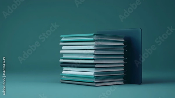 Fototapeta Stack of Books: A stack of books are placed beside a book on the teal background, symbolising knowledge and learning.