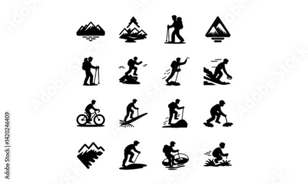 Obraz mountain hiking climbing trekking camping silhouette vector icons set flat design illustrations.