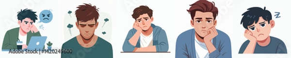 Fototapeta Vector collection of young men and women Gloomy Face down with a lethargic expression