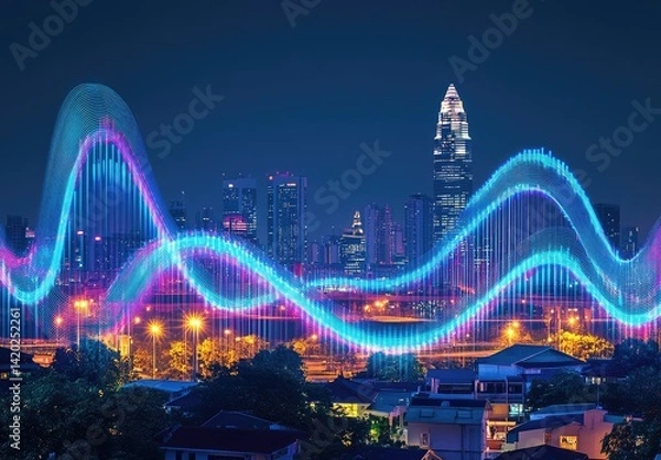 Fototapeta Night cityscape with vibrant, dynamic data wave overlay