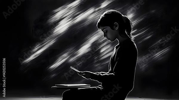 Fototapeta Girl Reading in Low Light: A young girl engrossed in reading a book, her silhouette highlighted against a dark background with dramatic lighting.