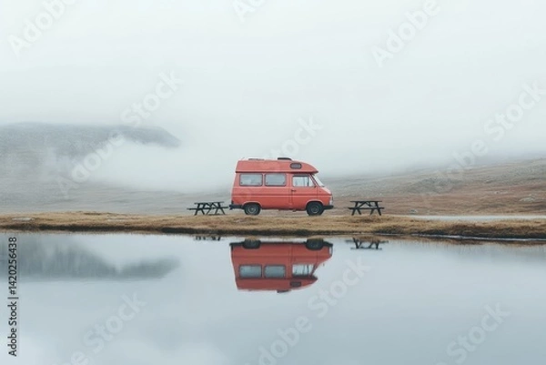 Obraz A green van is parked next to a picnic table by a lake. camper van parked at the green grass by lake with mountain background in cloudy day