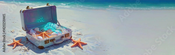 Fototapeta An open light suitcase lies on the sandy beach, the suitcase is filled with shells and starfish, a banner with a place for text