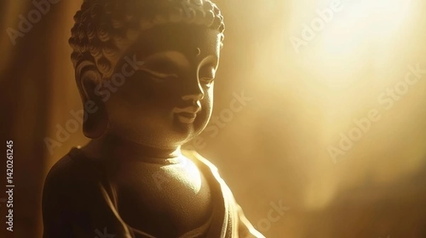 Fototapeta Close up of a serene buddha statue in backlight, showcasing intricate details and tranquility