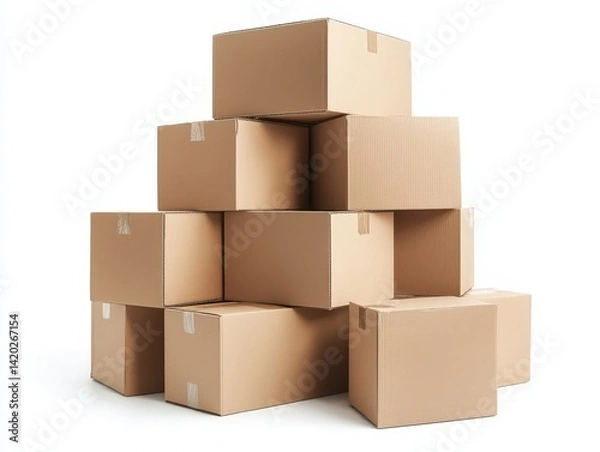 Fototapeta Cardboard boxes stacked on each other against a white background