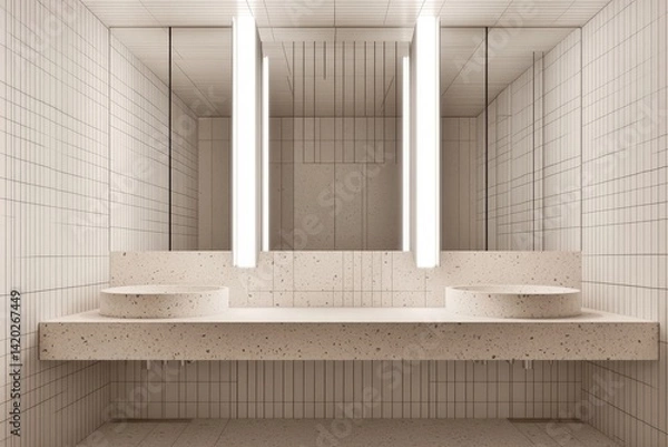 Obraz Modern minimalist bathroom with double vanity, terrazzo countertops, and linear lighting