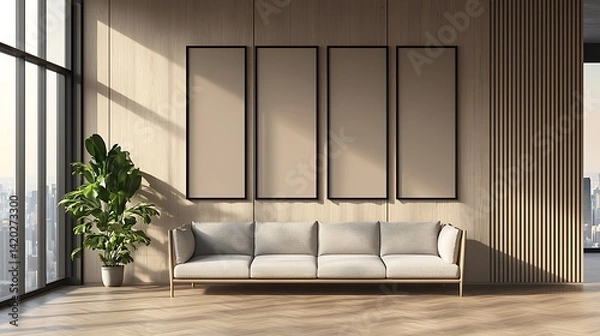 Obraz Modern Living Room with Couch, Blank Frames, and Tall Windows