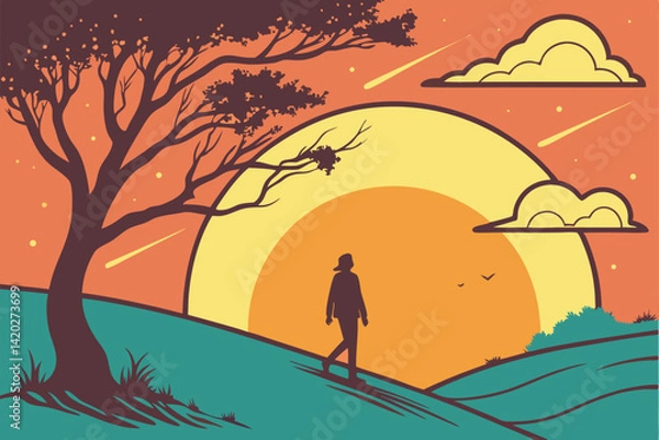 Fototapeta 41 Sunset illustration, vibrant yellow sun, stylized clouds, warm color palette, orange and teal contrast, circular glow, celestial sky, minimalist design, vector art style, dramatic lighting, atmosph