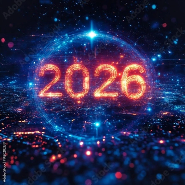 Obraz The year 2026 in the digital world. Glowing numbers against a futuristic cityscape symbolize technological progress and future opportunities. Generative AI