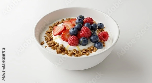 Fototapeta A bowl of natural yogurt topped with granola, fresh berries, and a drizzle of honey on a white background