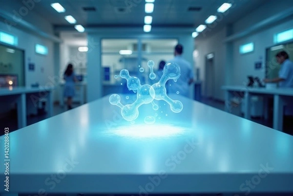 Fototapeta Modern Lab with Empty Table and 3D Molecule Display
