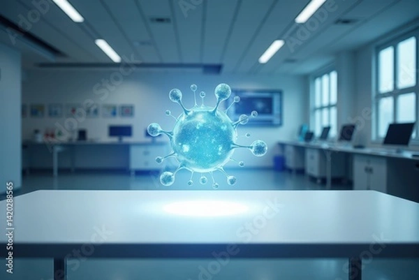 Fototapeta 3D Virus Model Floating Above Empty Table Space