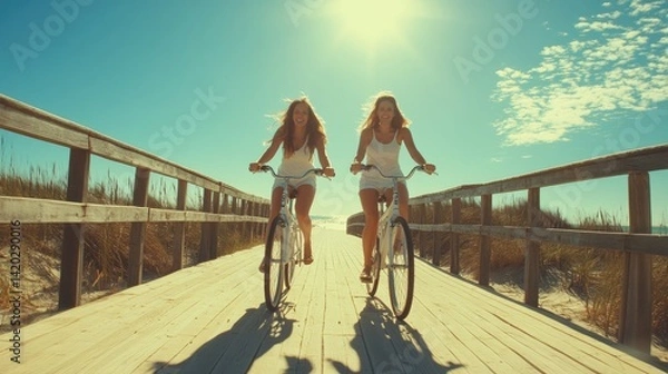 Fototapeta Two young women joyfully running alongside a bicycle on a wooden path, surrounded by tall grass and a sandy beach
