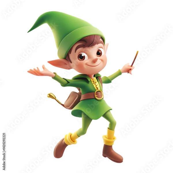 Fototapeta Joyful Green Elf with Pointed Hat and Golden Accessories, 3D Render