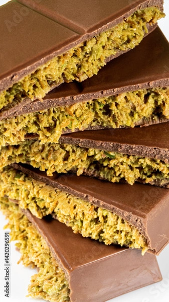 Fototapeta Trend Dubai Chocolate Bar with Green Kadayif Pistachio Paste and Peanut Butter on White Background