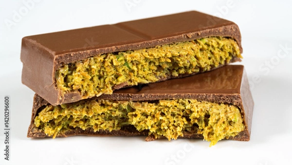 Fototapeta Trend Dubai Chocolate Bar with Green Kadayif Pistachio Paste and Peanut Butter on White Background
