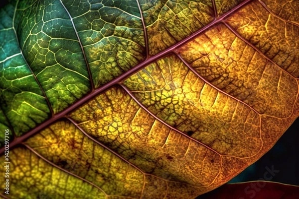 Obraz Close up of a colorful leaf with veins. Abstract background for design. generative AI