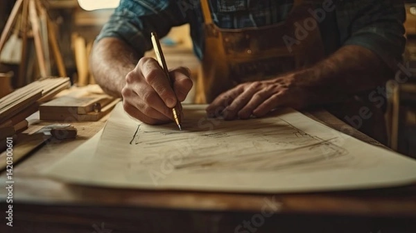 Fototapeta A close-up view of a person’s hand holding a pencil, poised over architectural plans or diagrams on a wooden table.