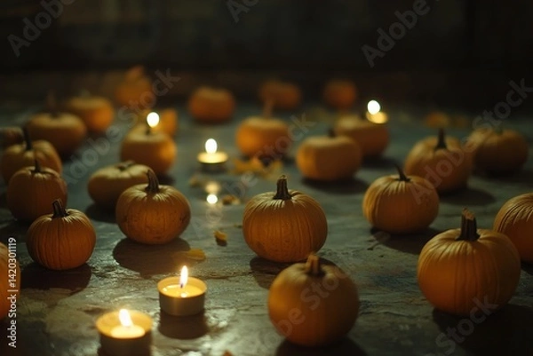 Fototapeta A Group of Small Pumpkins Arranged in a Pattern, Eerie Candlelight Casting Shadows Nearby, Creating a Mysterious and Spooky Ambiance