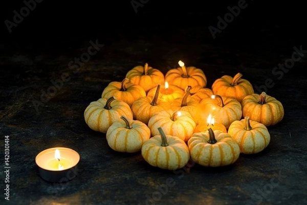 Fototapeta A Group of Small Pumpkins Arranged in a Pattern, Eerie Candlelight Casting Shadows Nearby, Creating a Mysterious and Spooky Ambiance