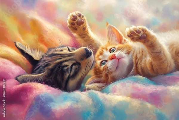 Fototapeta A Happy Dog and Cat Playfully Rolling Around on a Soft, Colorful Blanket, Their Paws Gently Tapping, Surrounded by Bright Pastel Colors