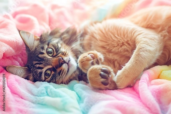 Fototapeta A Happy Dog and Cat Playfully Rolling Around on a Soft, Colorful Blanket, Their Paws Gently Tapping, Surrounded by Bright Pastel Colors