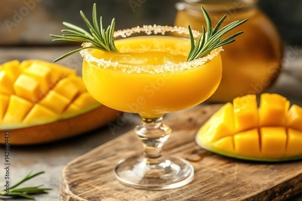 Fototapeta A Vibrant Mango Margarita with Rosemary Garnish in a Crystal-Clear Glass, Resting on a Wooden Cutting Board, Capturing a Bright Tropical Aesthetic
