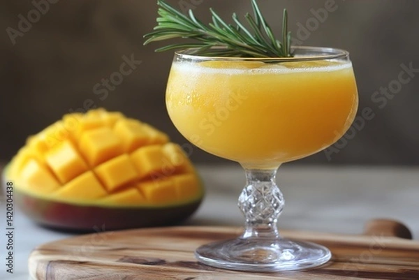 Fototapeta A Vibrant Mango Margarita with Rosemary Garnish in a Crystal-Clear Glass, Resting on a Wooden Cutting Board, Capturing a Bright Tropical Aesthetic