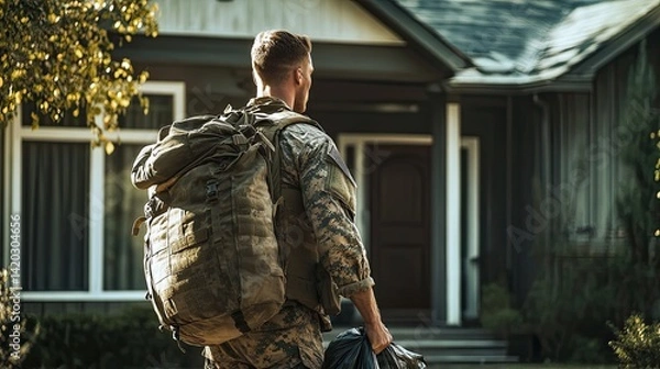 Fototapeta A military service member in camouflage uniform, carrying two large bags, stands facing a suburban home with a welcoming front porch.