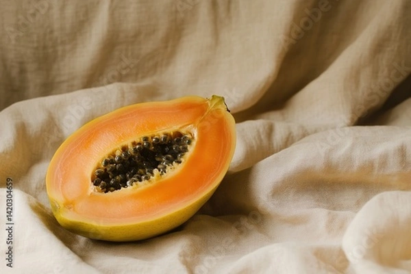 Fototapeta A Fresh Papaya Resting on Soft Cotton Cloth, Styled with Simplicity, Against a Pale Muted Beige Background, Emphasizing Natural Beauty and Minimalist Design