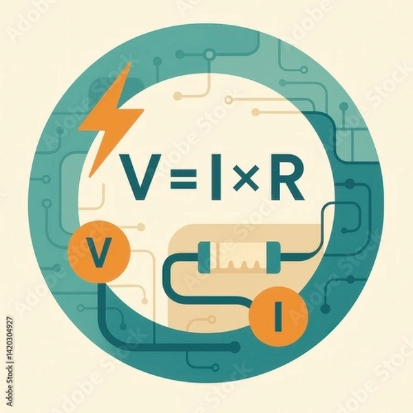 Fototapeta Flat illustration explaining Ohm’s Law with circuits and formulas.