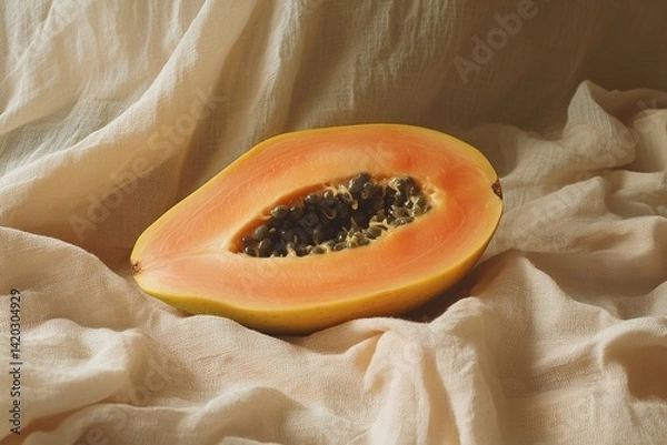 Fototapeta A Fresh Papaya Resting on Soft Cotton Cloth, Styled with Simplicity, Against a Pale Muted Beige Background, Emphasizing Natural Beauty and Minimalist Design