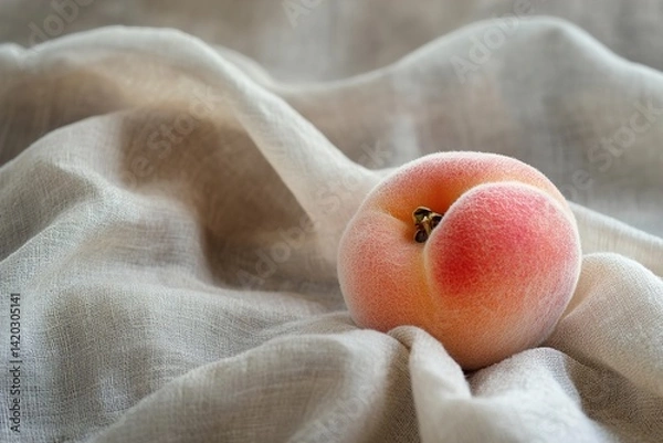 Fototapeta A Fresh Peach with Soft Fuzzy Texture, Resting on Neutral-Toned Fabric with Gentle Folds, Creating a Calm and Simple Aesthetic