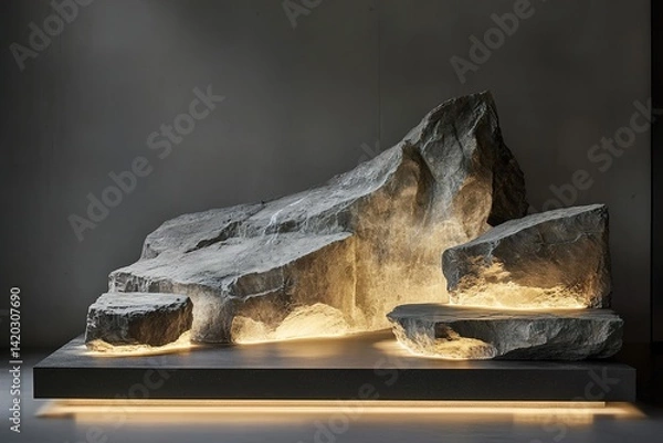 Fototapeta A Podium Resembling a Jagged Rock Formation, Crafted from Rough Stone with Illuminated Edges, Exuding a Natural, Raw Aesthetic