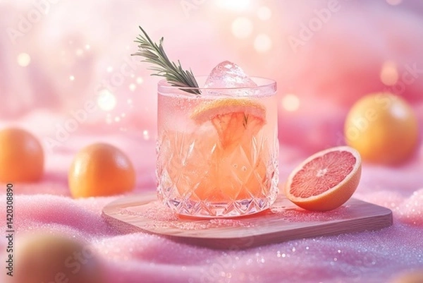 Fototapeta A Radiant Coral Grapefruit Cocktail with Rosemary Garnish in a Faceted Glass, Floating Above Glowing Pink Sand, Surrounded by Shimmering Citrus Orbs and Soft Pastel Mist