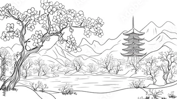 Fototapeta Tranquil Landscape with Cherry Blossom and Traditional Pagoda Scene