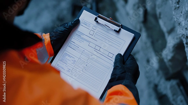 Fototapeta Mining safety officer reviewing compliance checklist at a lithium extraction site. Featuring protocol enforcement and risk mitigation