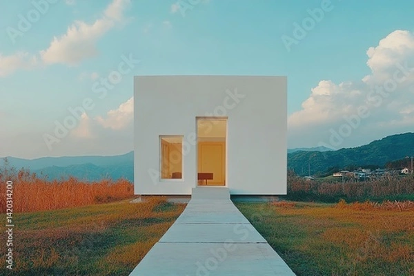 Fototapeta A White Cube-Style Home with Geometric Windows, Set Against a Clean Sky Background, Featuring a Concrete Pathway and Minimalist Design for a Modern, Sleek Aesthetic