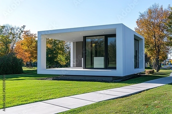 Fototapeta A White Cube-Style Home with Geometric Windows, Set Against a Clean Sky Background, Featuring a Concrete Pathway and Minimalist Design for a Modern, Sleek Aesthetic