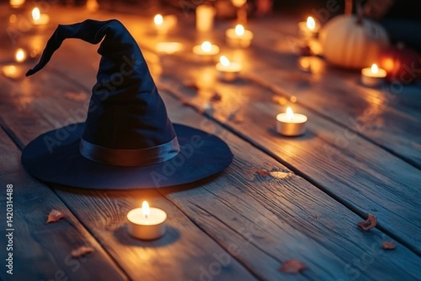 Fototapeta A Witch's Hat Resting Beside Glowing Candles on a Rustic Wooden Floor, Creating a Mystical and Enchanting Atmosphere Perfect for a Magical, Halloween-Inspired Setting